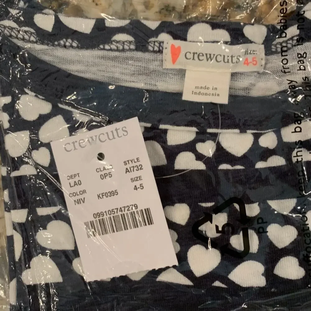 NWT J Crew Girls' Ruffle-Trim Navy Top in Hearts & Stripes